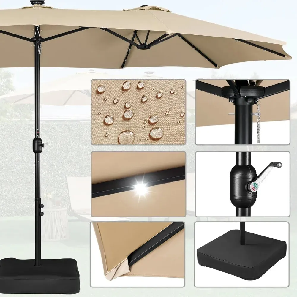 15ft Solar LED Rectangle Patio Umbrella  Heavy-Duty Outdoor Market Umbrella with 36 Lights, Base Included & Wind-Resistant Design