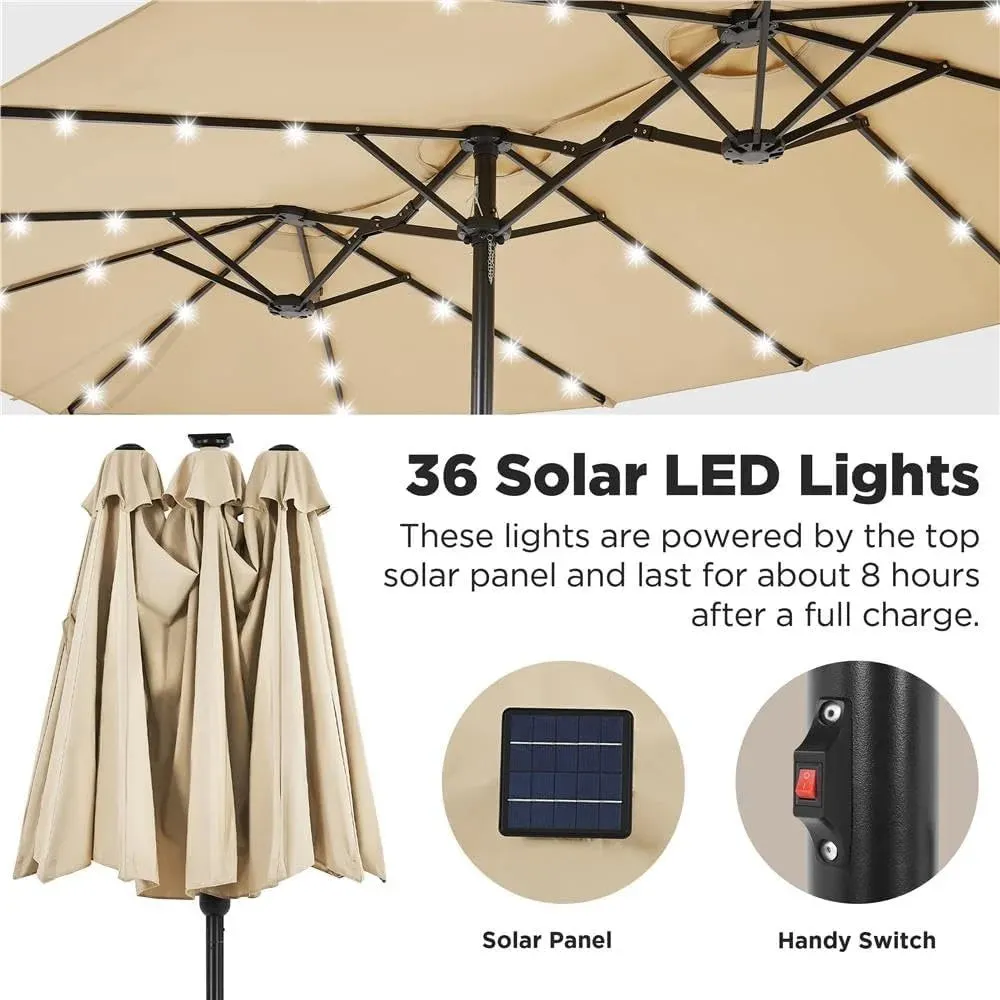 15ft Solar LED Rectangle Patio Umbrella  Heavy-Duty Outdoor Market Umbrella with 36 Lights, Base Included & Wind-Resistant Design