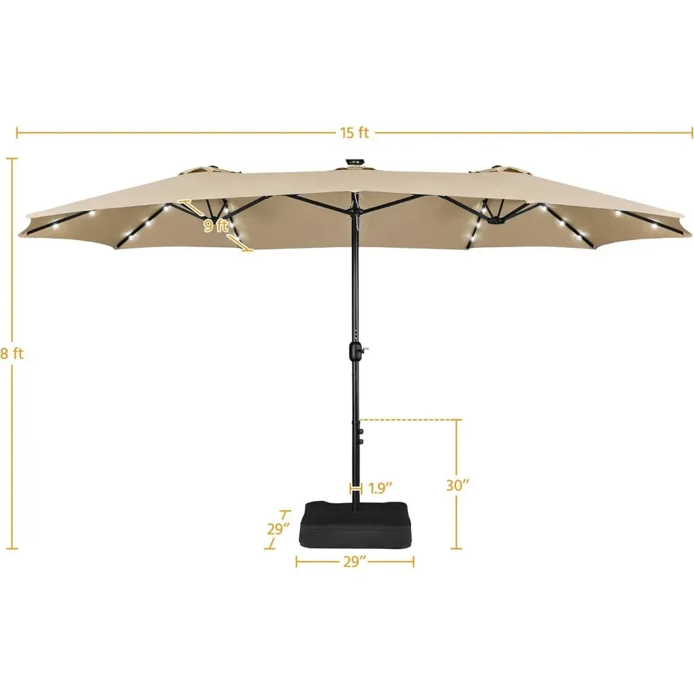 15ft Solar LED Rectangle Patio Umbrella  Heavy-Duty Outdoor Market Umbrella with 36 Lights, Base Included & Wind-Resistant Design