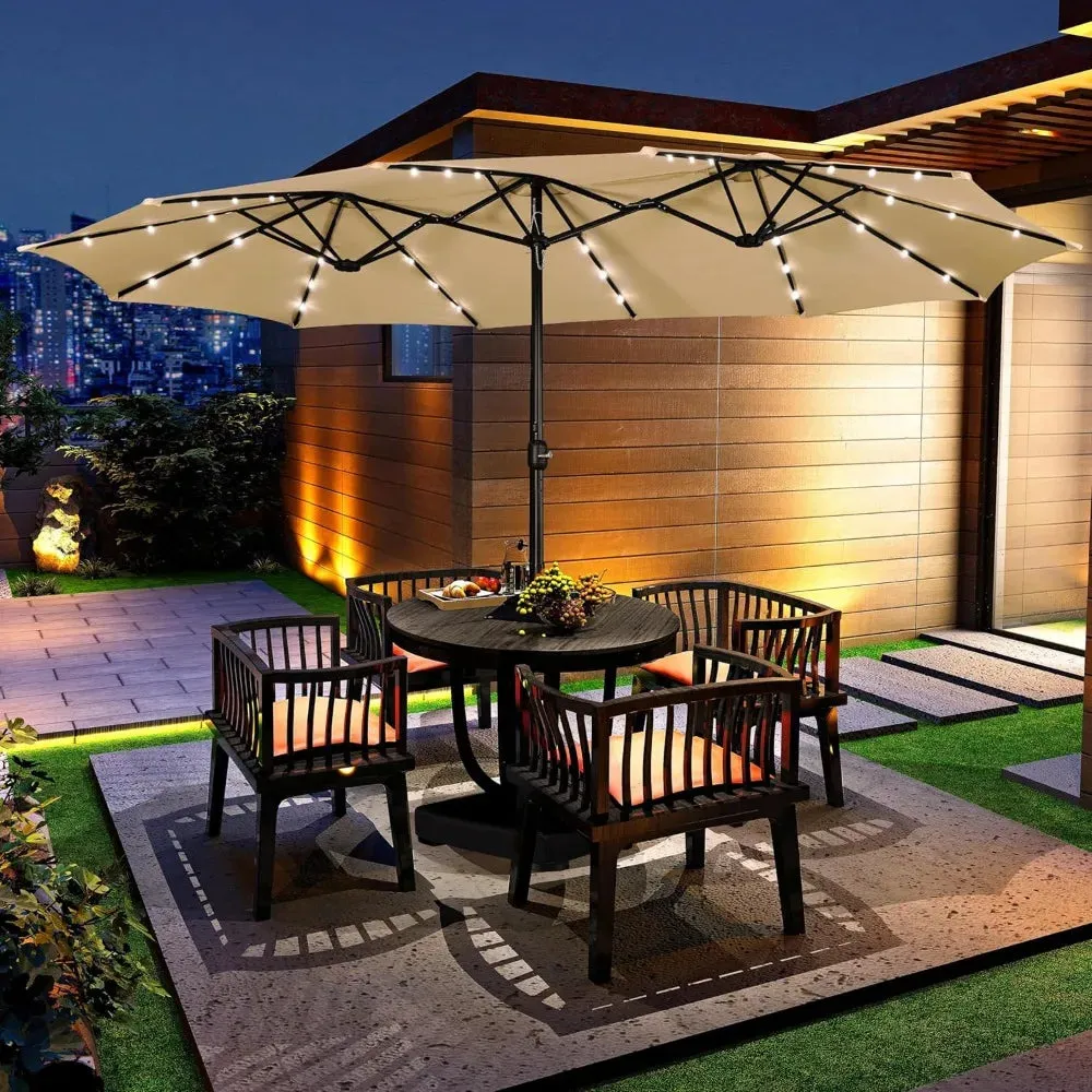 15ft Solar LED Rectangle Patio Umbrella  Heavy-Duty Outdoor Market Umbrella with 36 Lights, Base Included & Wind-Resistant Design