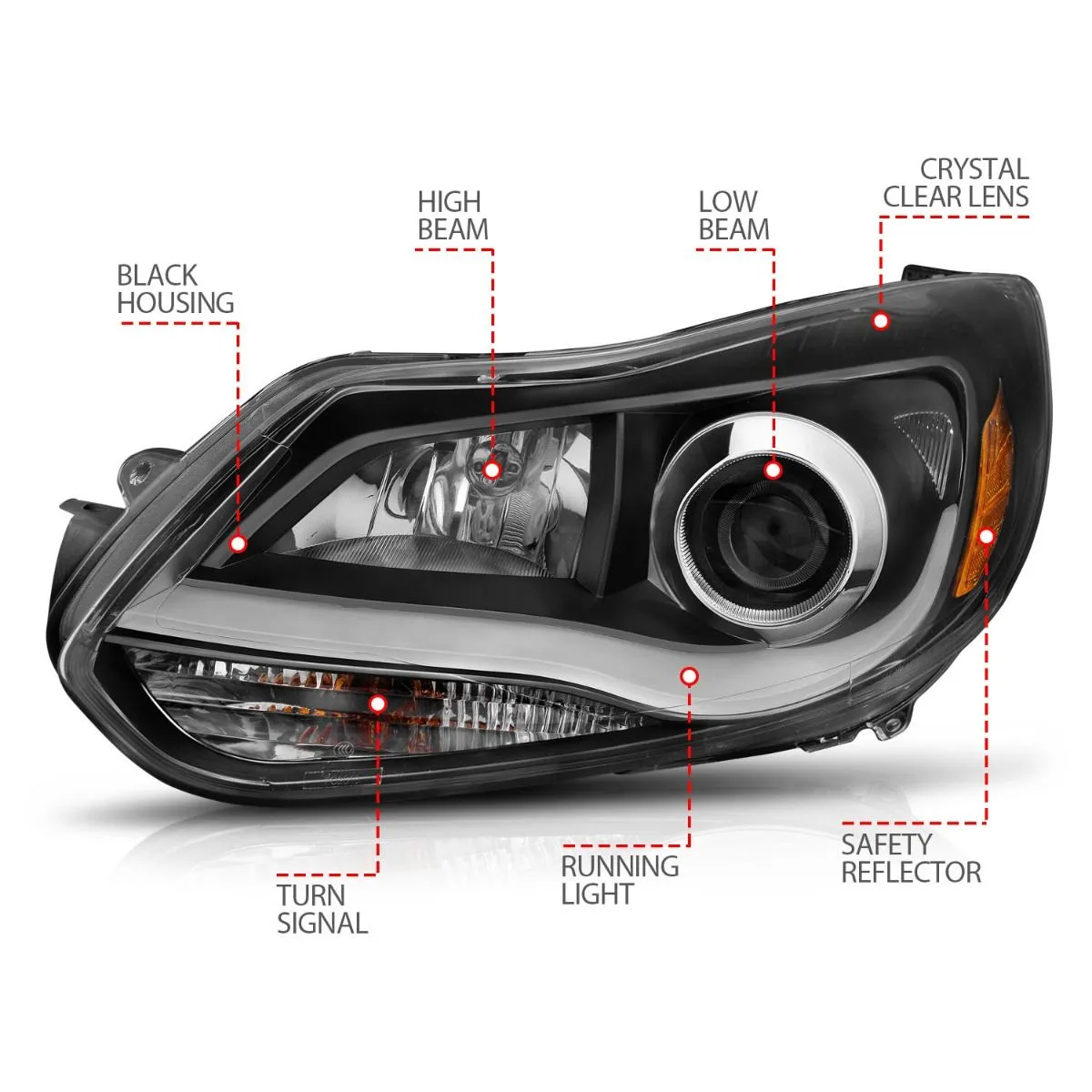 Anzo Projector Headlights Ford Focus (12-14) Plank Style Halo - Black 121490