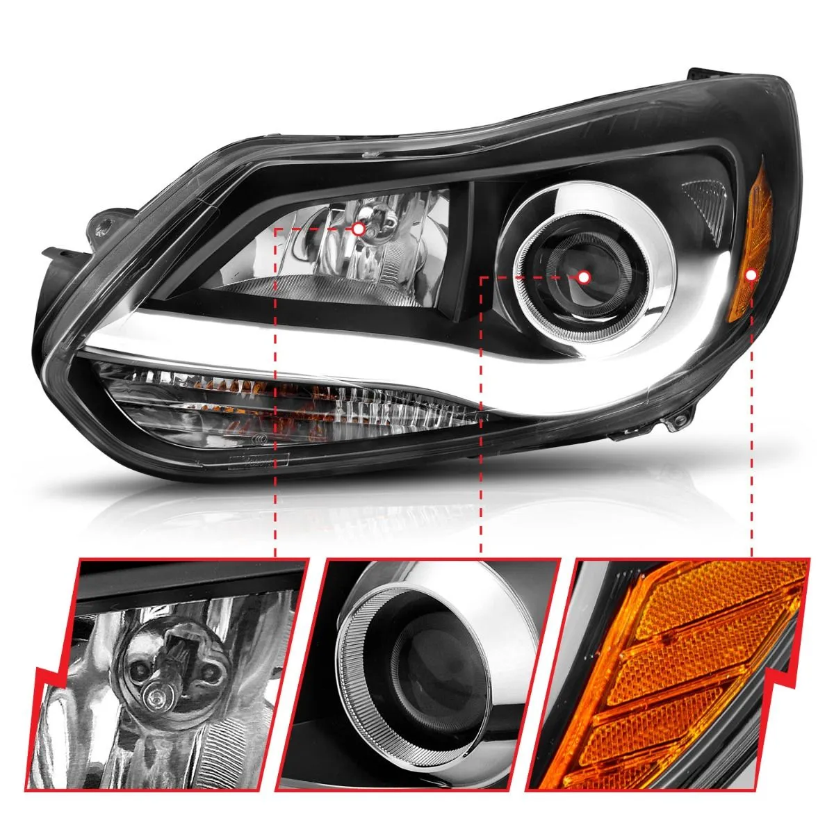 Anzo Projector Headlights Ford Focus (12-14) Plank Style Halo - Black 121490
