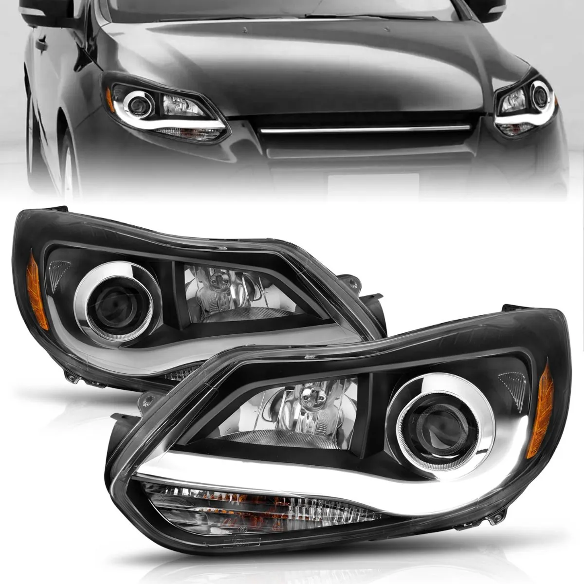 Anzo Projector Headlights Ford Focus (12-14) Plank Style Halo - Black 121490