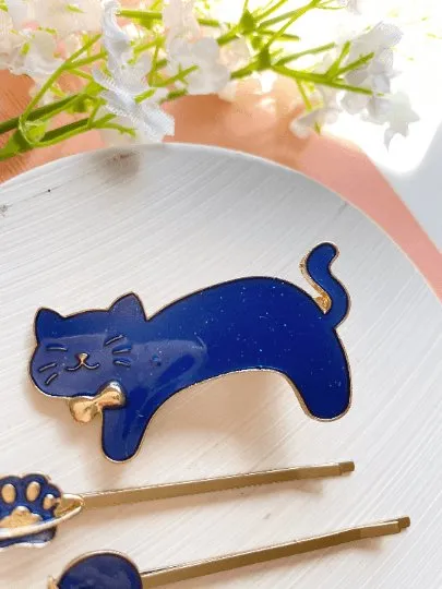 Celestial kitty hair clips| blue moon stars constellation planet | korean hair accessories | enamel glitters hair pin |cat lover gift
