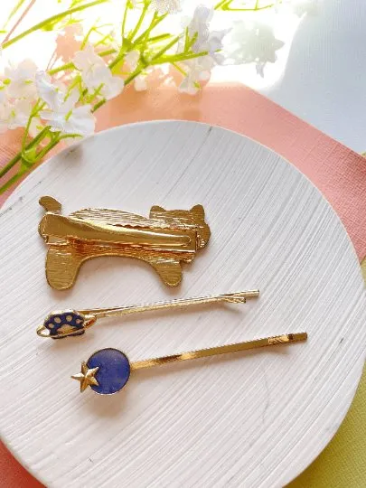 Celestial kitty hair clips| blue moon stars constellation planet | korean hair accessories | enamel glitters hair pin |cat lover gift