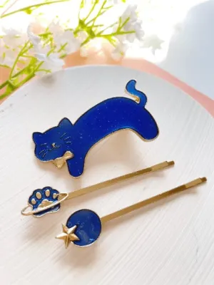 Celestial kitty hair clips| blue moon stars constellation planet | korean hair accessories | enamel glitters hair pin |cat lover gift