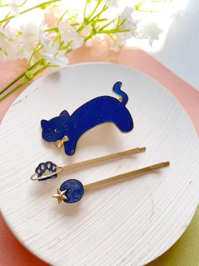 Celestial kitty hair clips| blue moon stars constellation planet | korean hair accessories | enamel glitters hair pin |cat lover gift