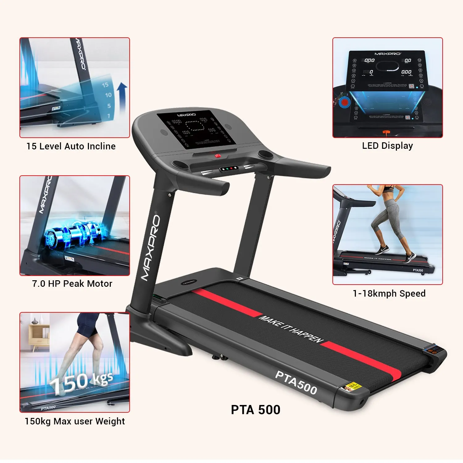 MAXPRO HOME GYM PACKAGE, 7HP PEAK DC MOTOR TREADMILL, ELLIPTICAL CROSS TRAINER, ADJUSTABLE BENCH and FITNESS ACCESSORIES