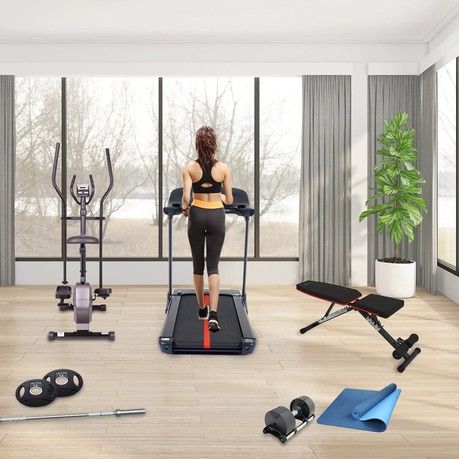 MAXPRO HOME GYM PACKAGE, 7HP PEAK DC MOTOR TREADMILL, ELLIPTICAL CROSS TRAINER, ADJUSTABLE BENCH and FITNESS ACCESSORIES