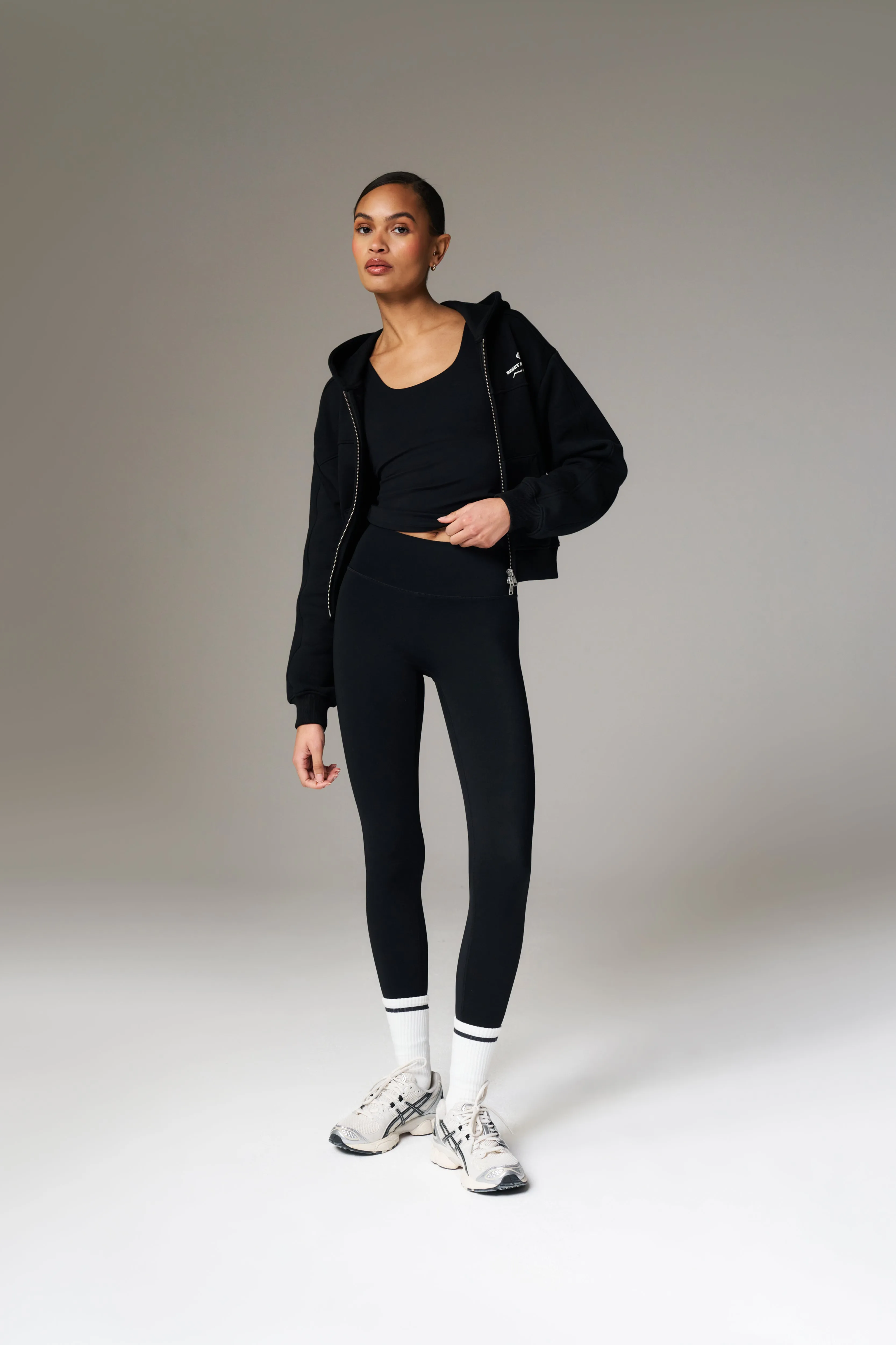 PILATES & PINOT ZIP THROUGH CROPPED HOODIE - BLACK
