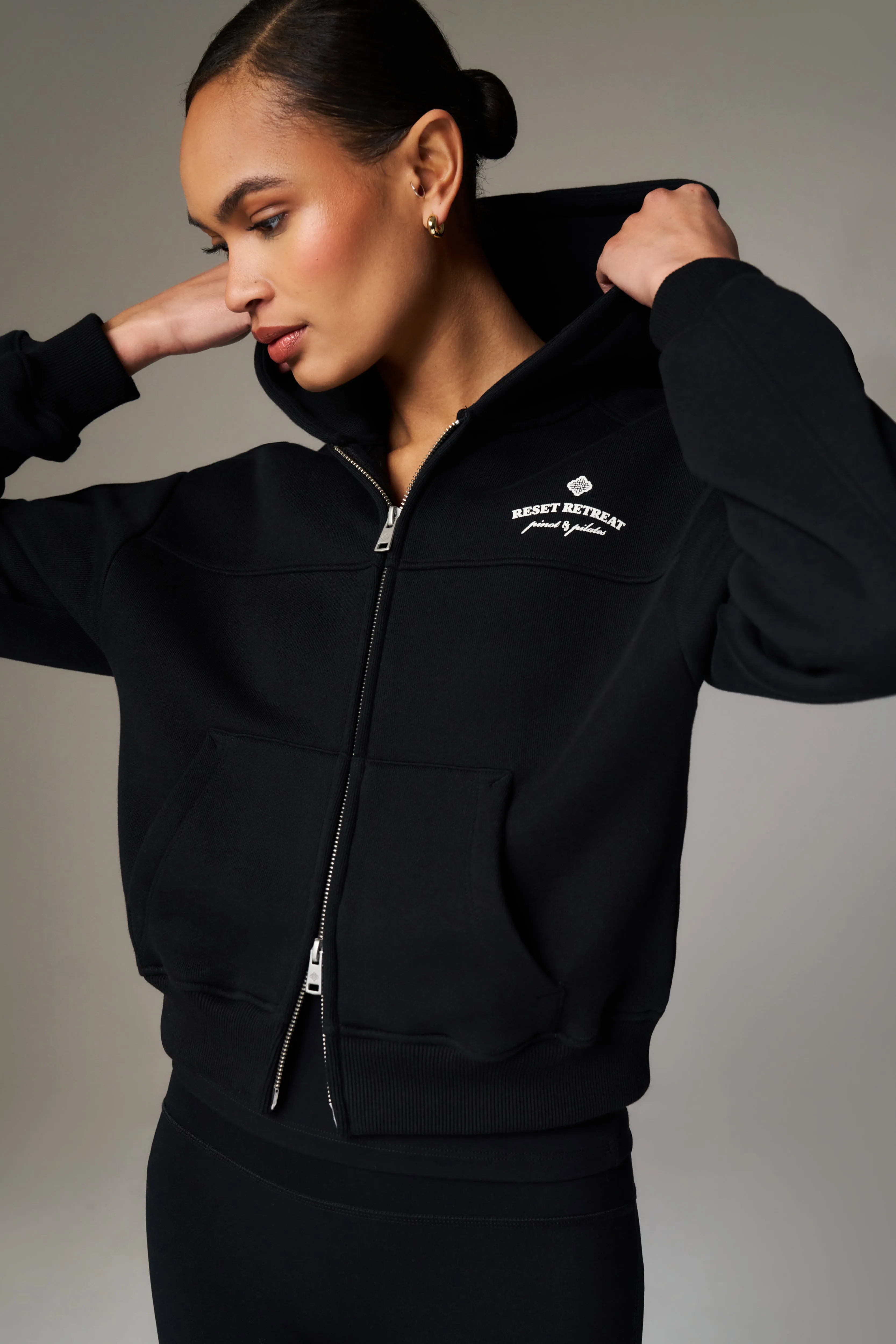 PILATES & PINOT ZIP THROUGH CROPPED HOODIE - BLACK