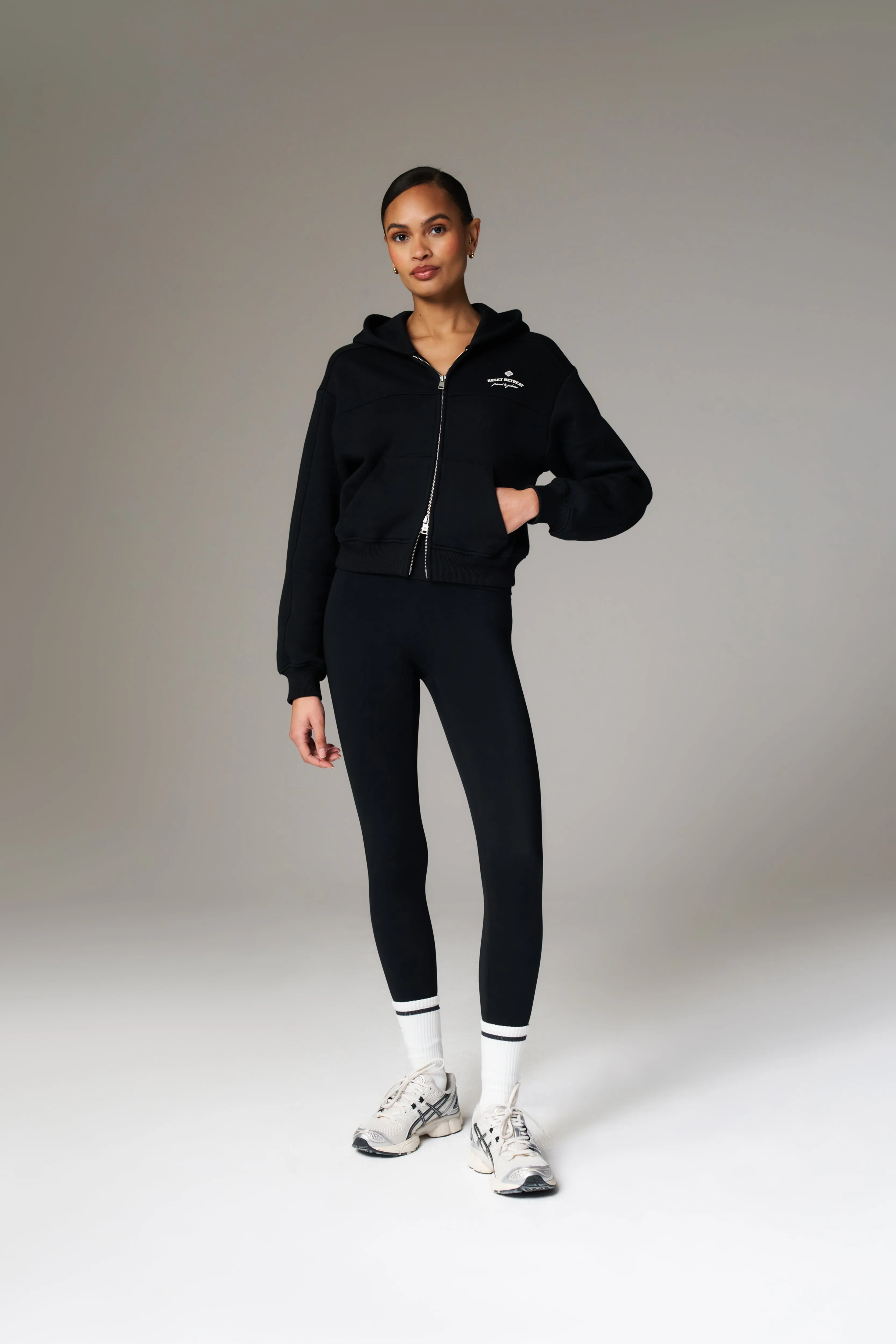 PILATES & PINOT ZIP THROUGH CROPPED HOODIE - BLACK