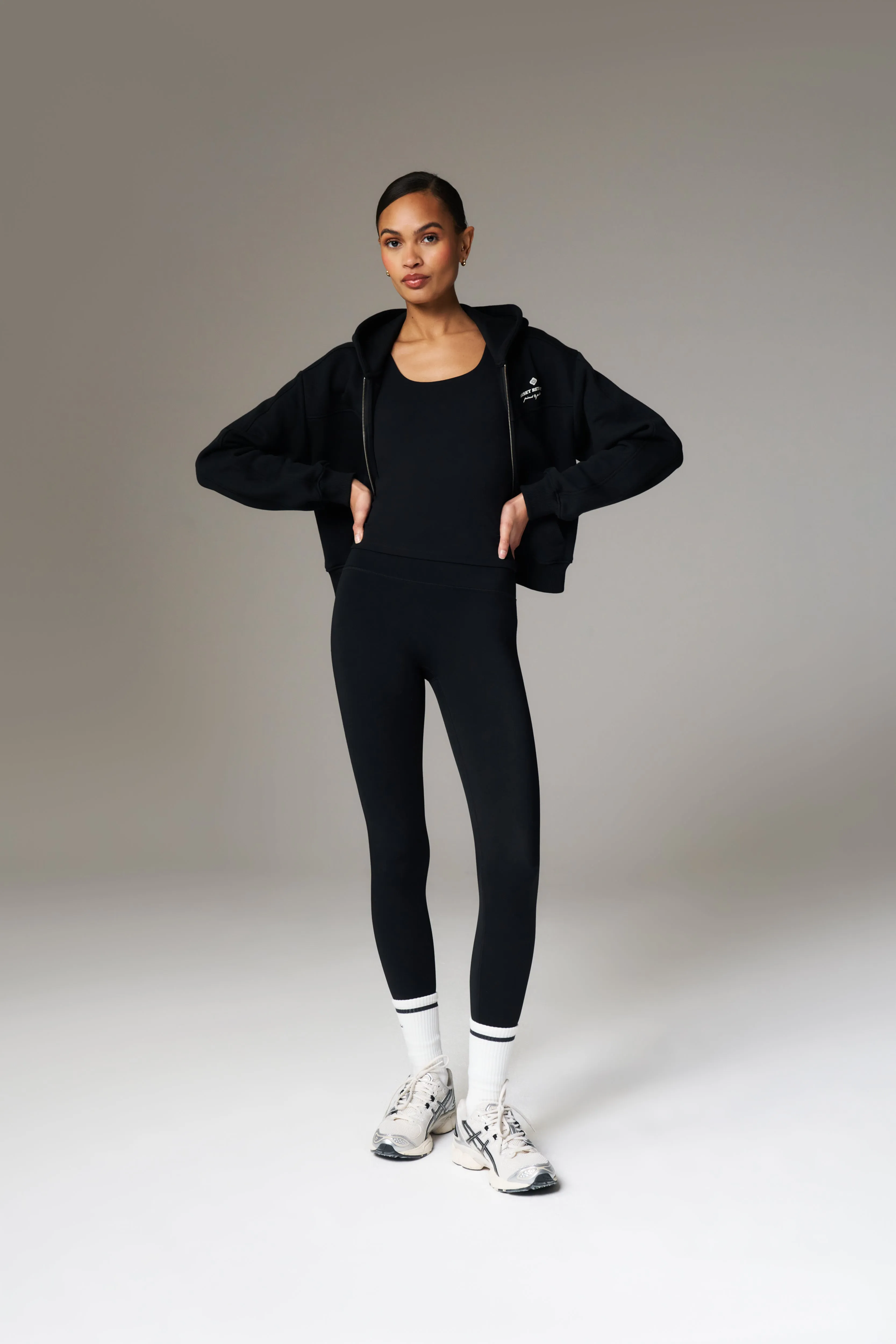 PILATES & PINOT ZIP THROUGH CROPPED HOODIE - BLACK
