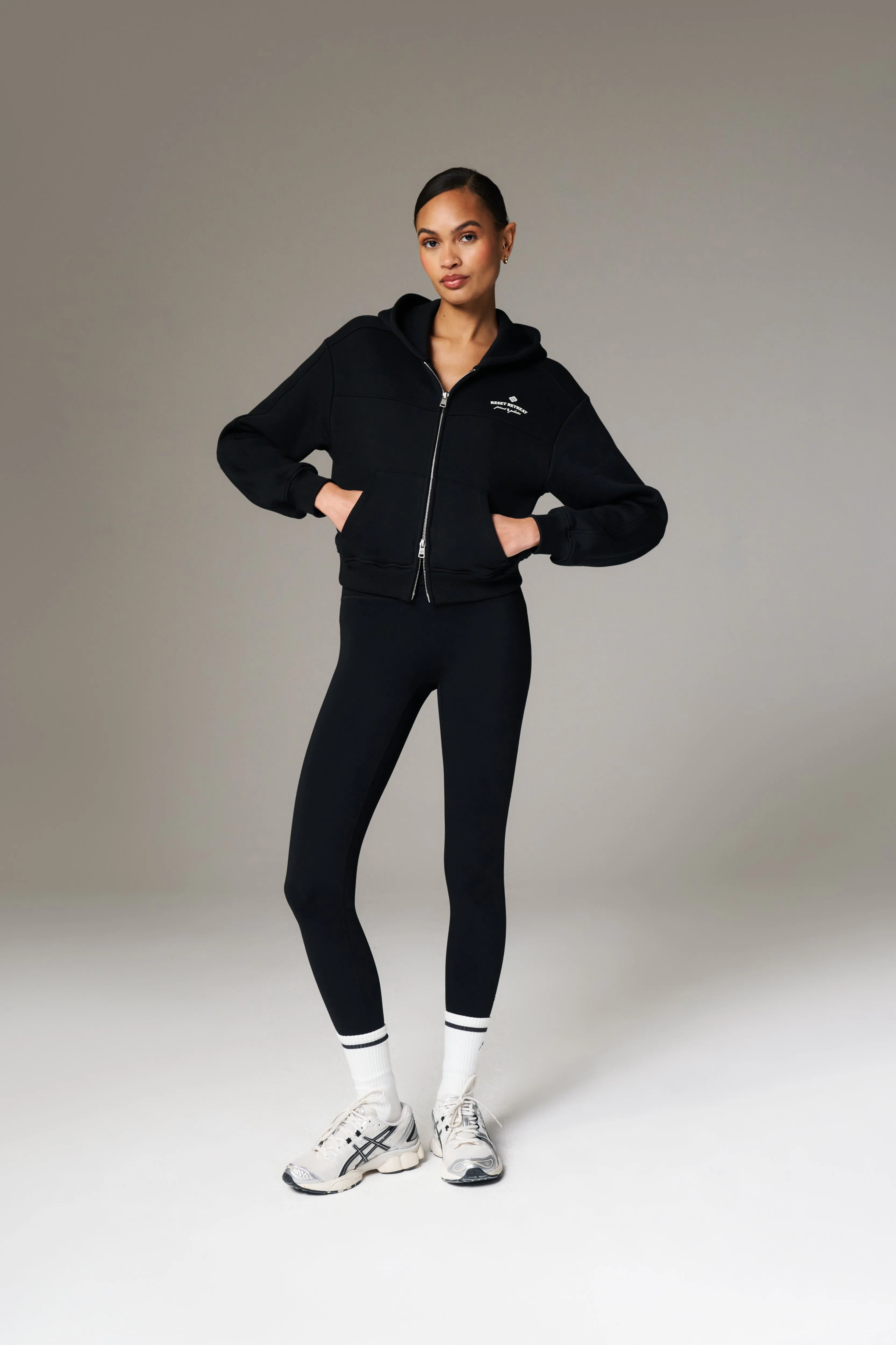 PILATES & PINOT ZIP THROUGH CROPPED HOODIE - BLACK