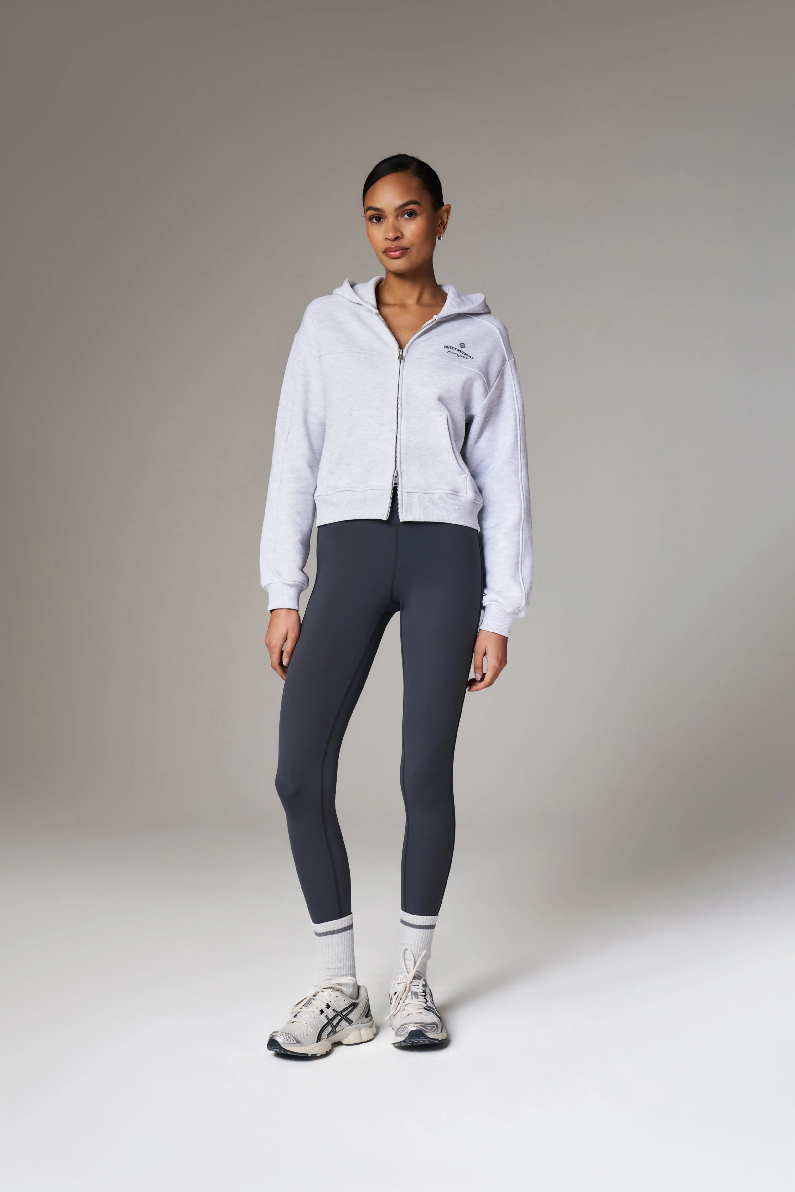 PILATES & PINOT ZIP THROUGH CROPPED HOODIE - GREY MARL