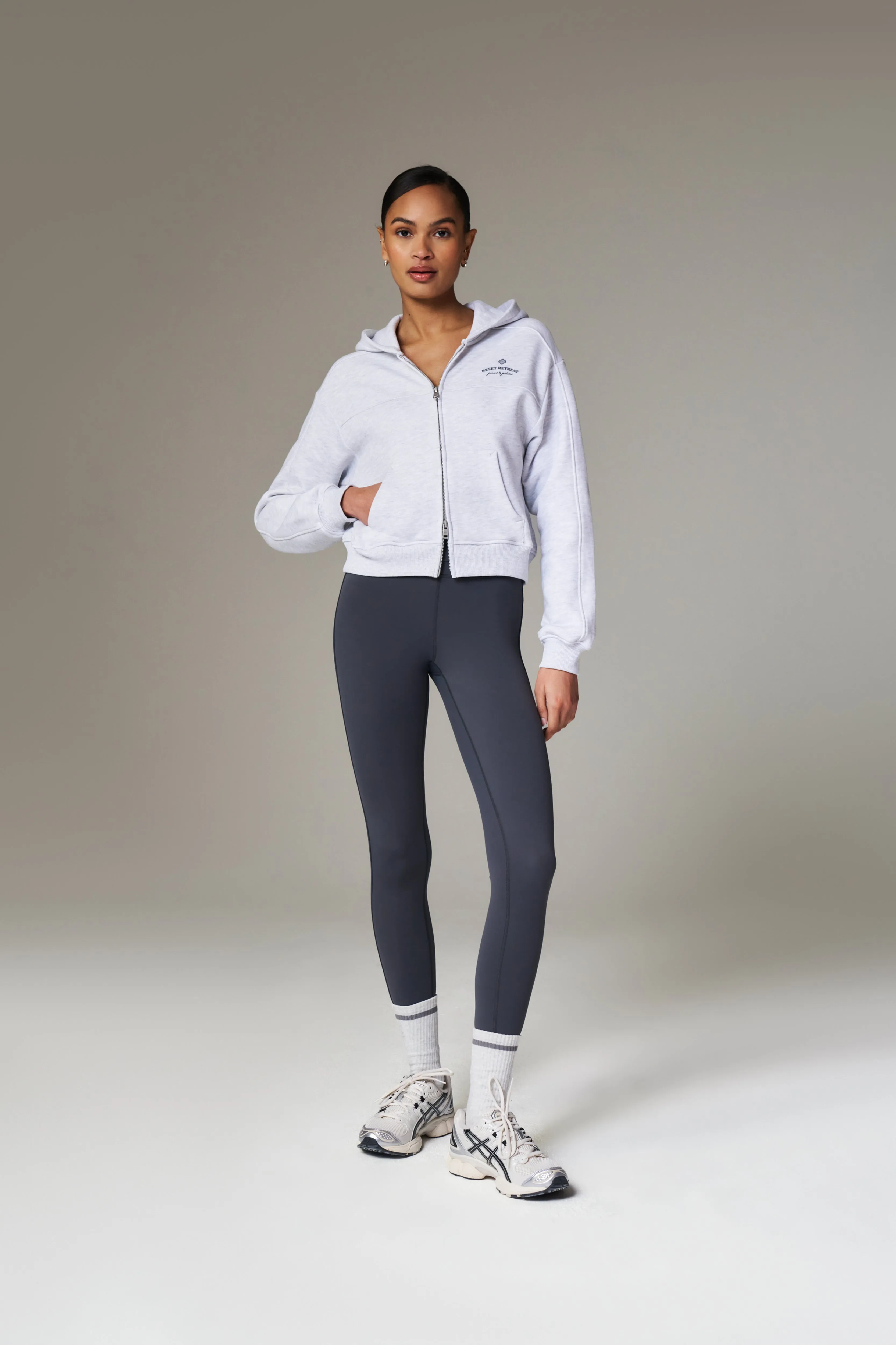 PILATES & PINOT ZIP THROUGH CROPPED HOODIE - GREY MARL