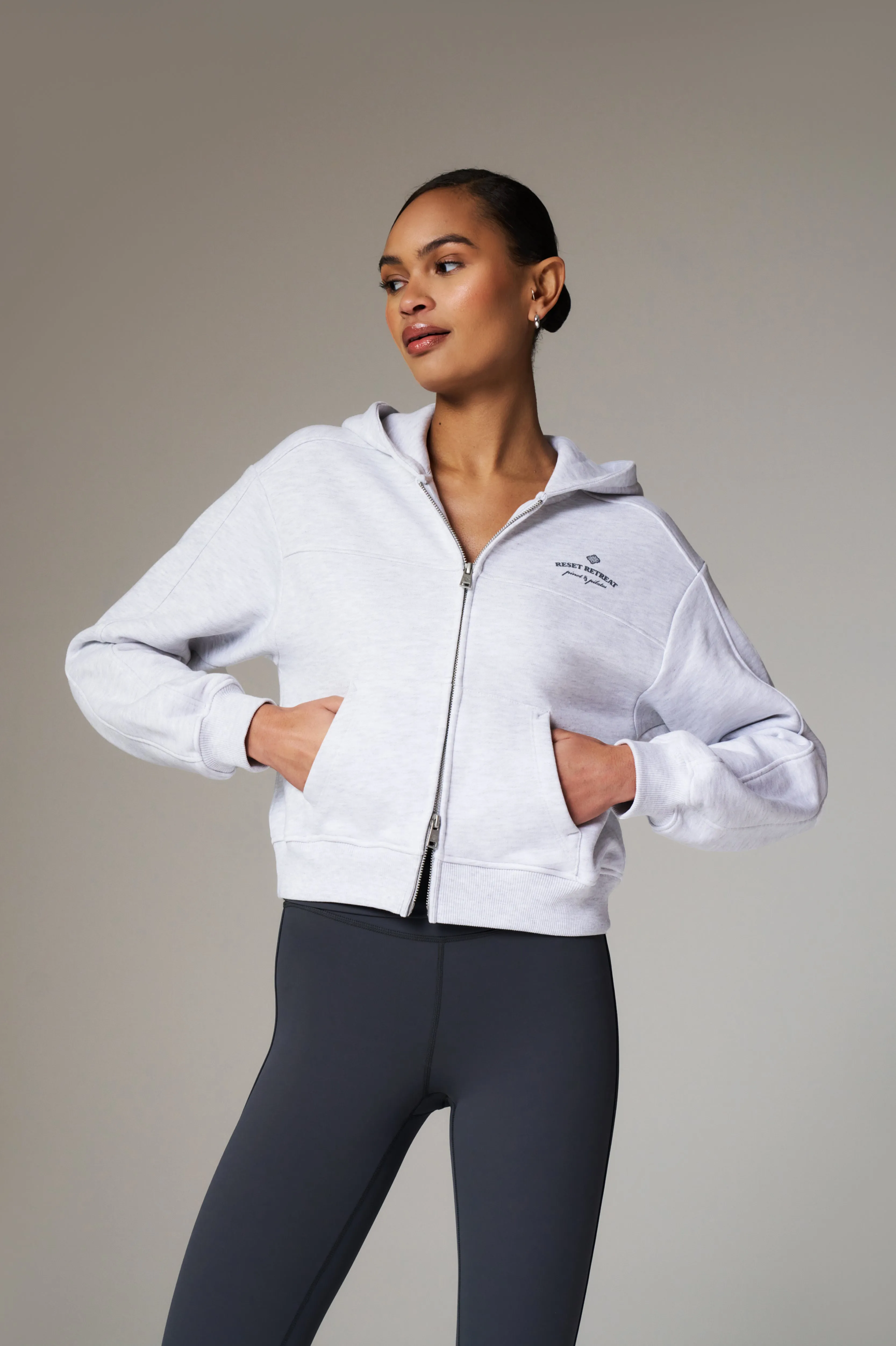 PILATES & PINOT ZIP THROUGH CROPPED HOODIE - GREY MARL