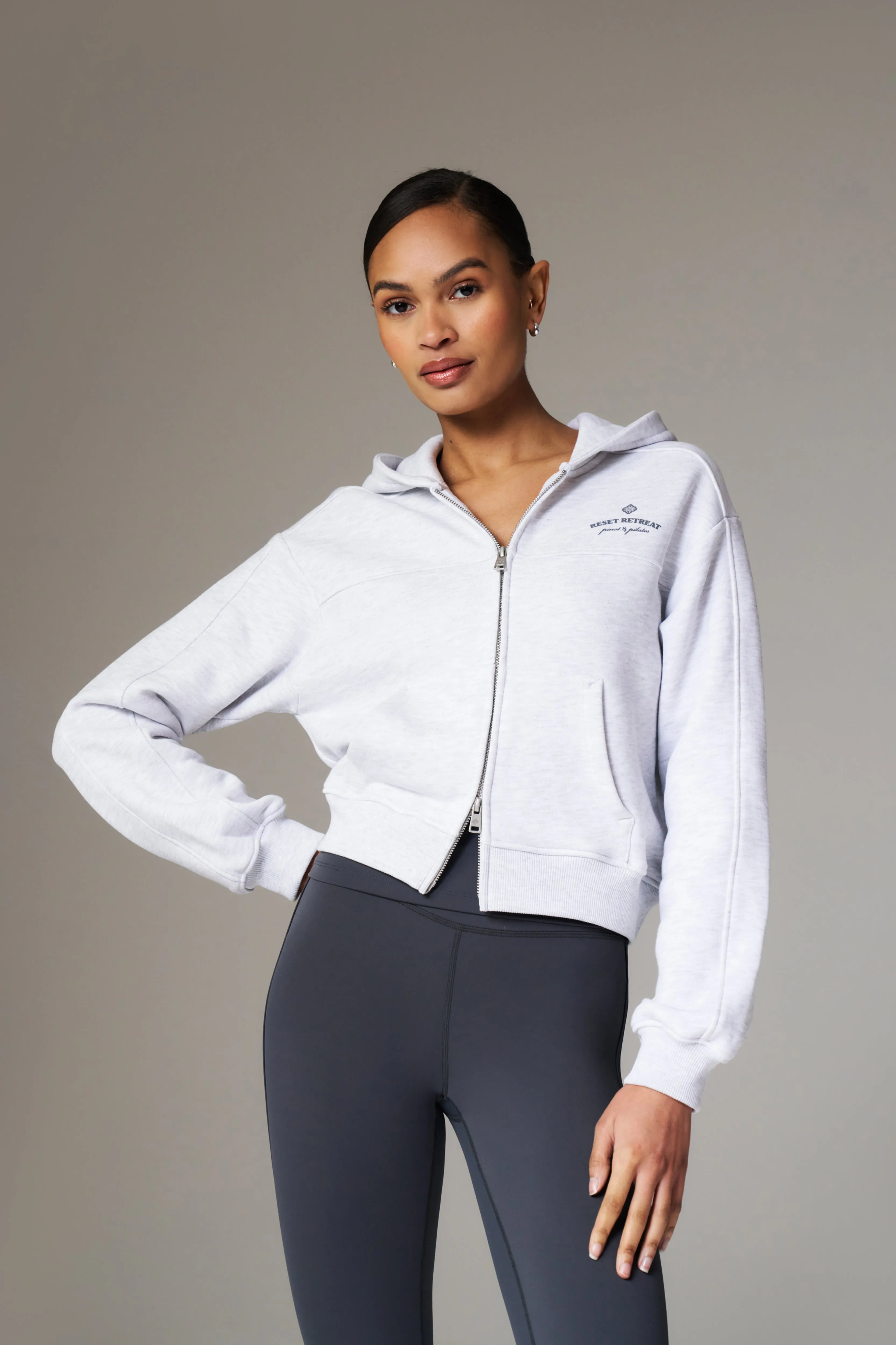 PILATES & PINOT ZIP THROUGH CROPPED HOODIE - GREY MARL
