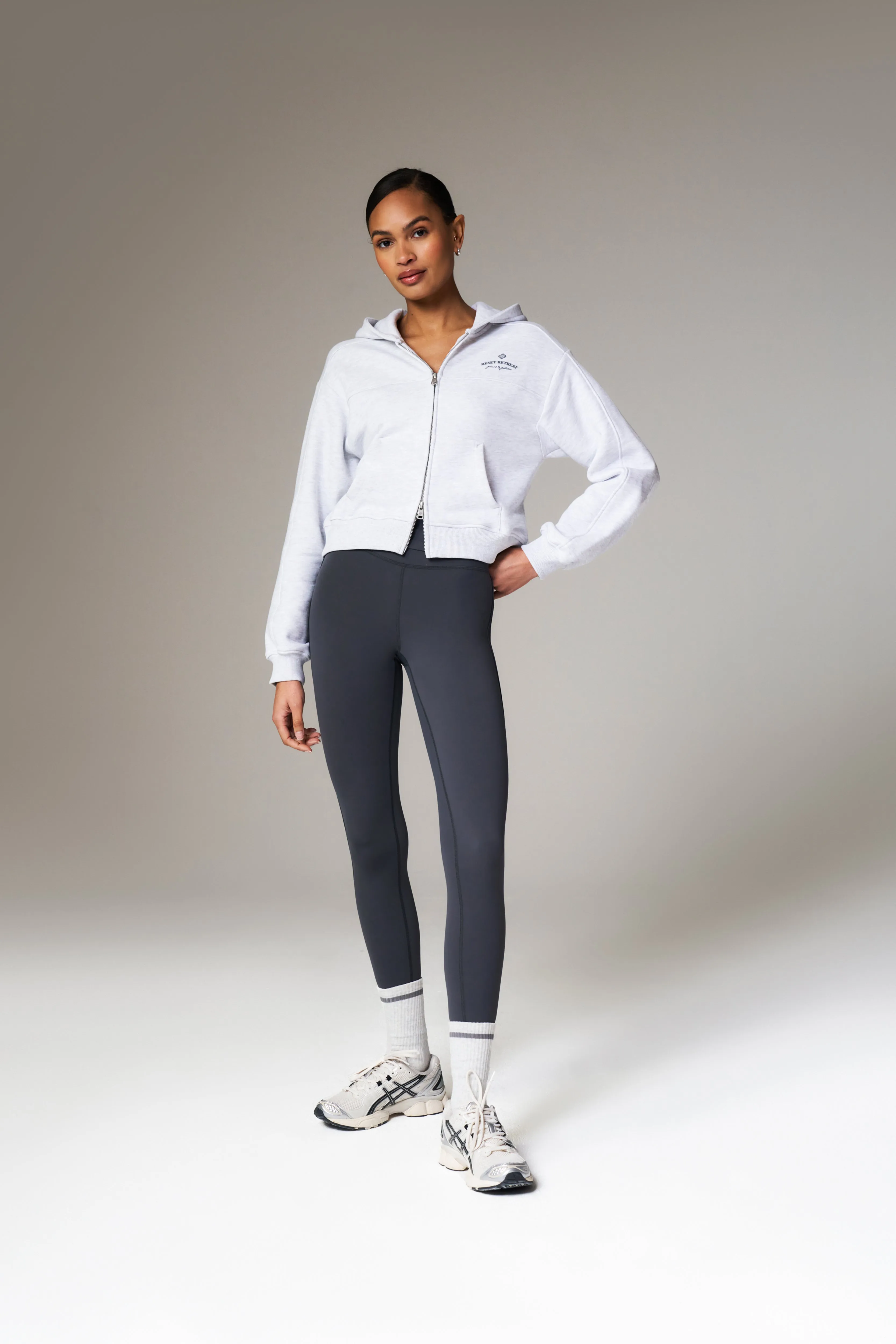 PILATES & PINOT ZIP THROUGH CROPPED HOODIE - GREY MARL