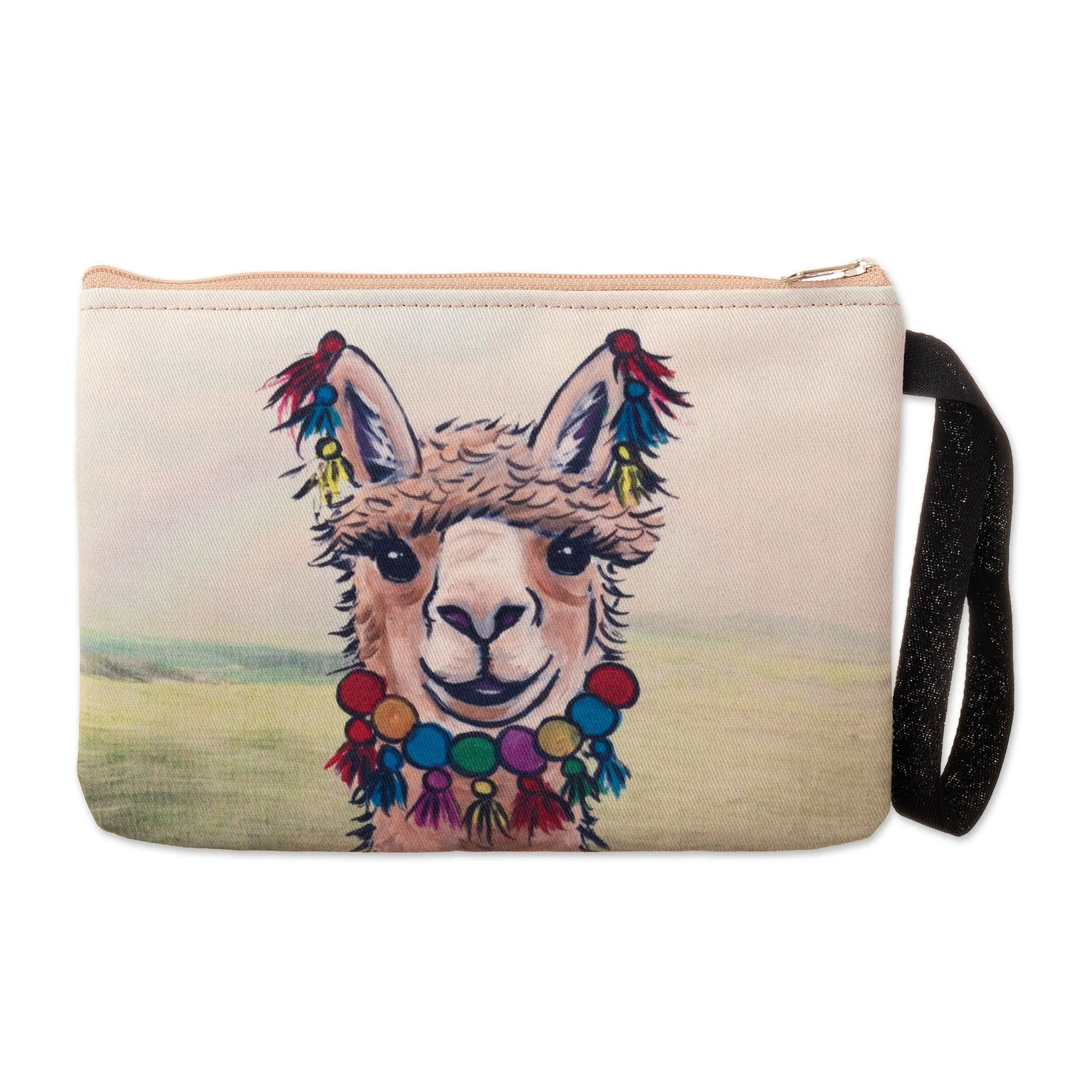 Smiling Llama Wristlet with Zipper Closure and Black Strap - Smiley Llama | NOVICA