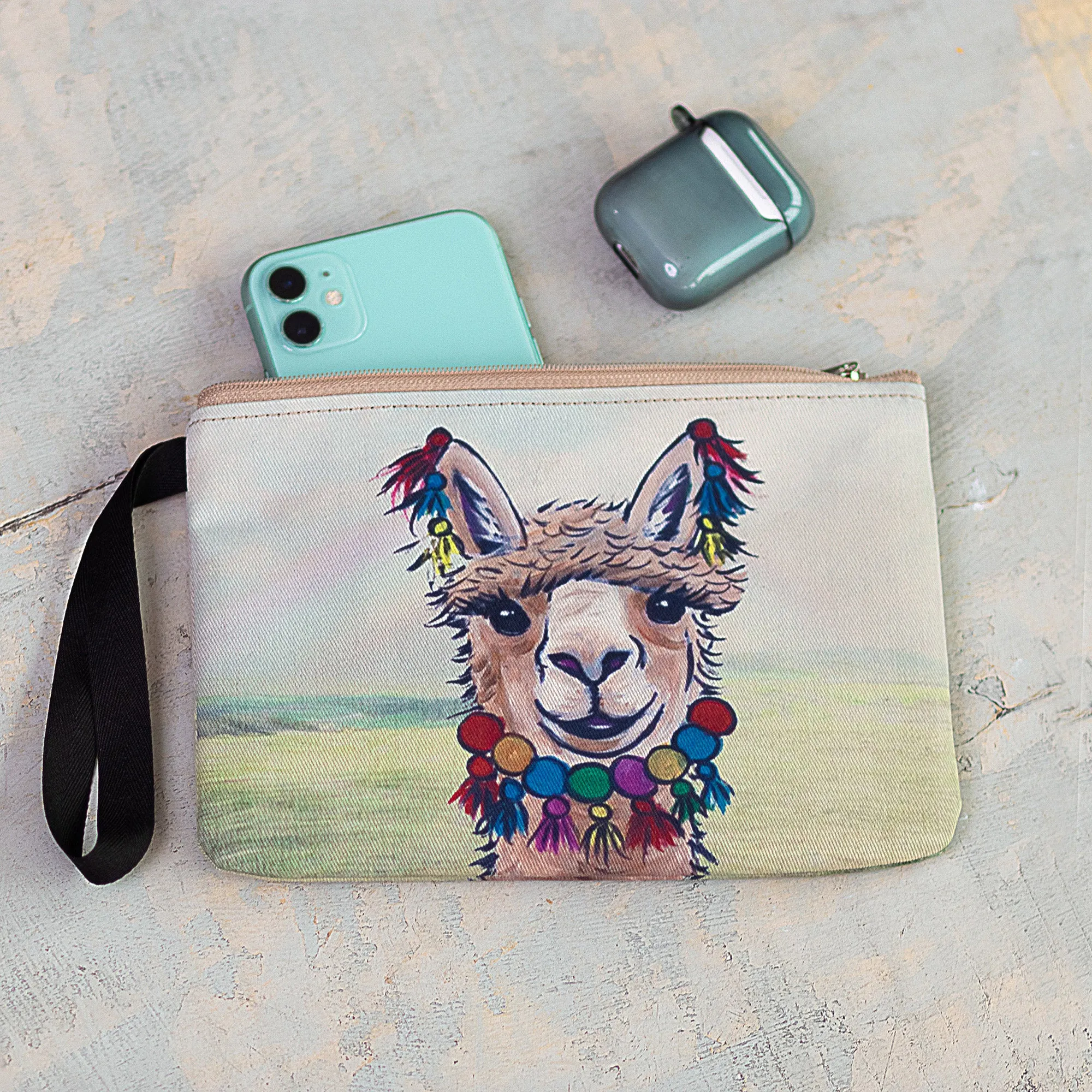 Smiling Llama Wristlet with Zipper Closure and Black Strap - Smiley Llama | NOVICA