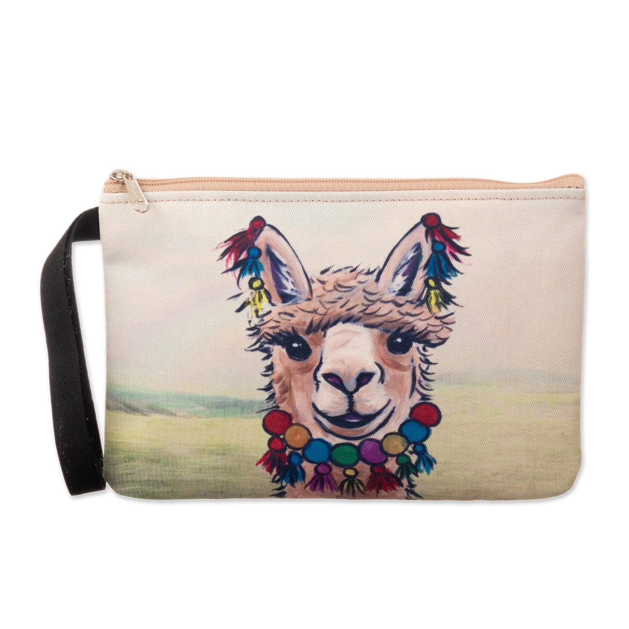 Smiling Llama Wristlet with Zipper Closure and Black Strap - Smiley Llama | NOVICA