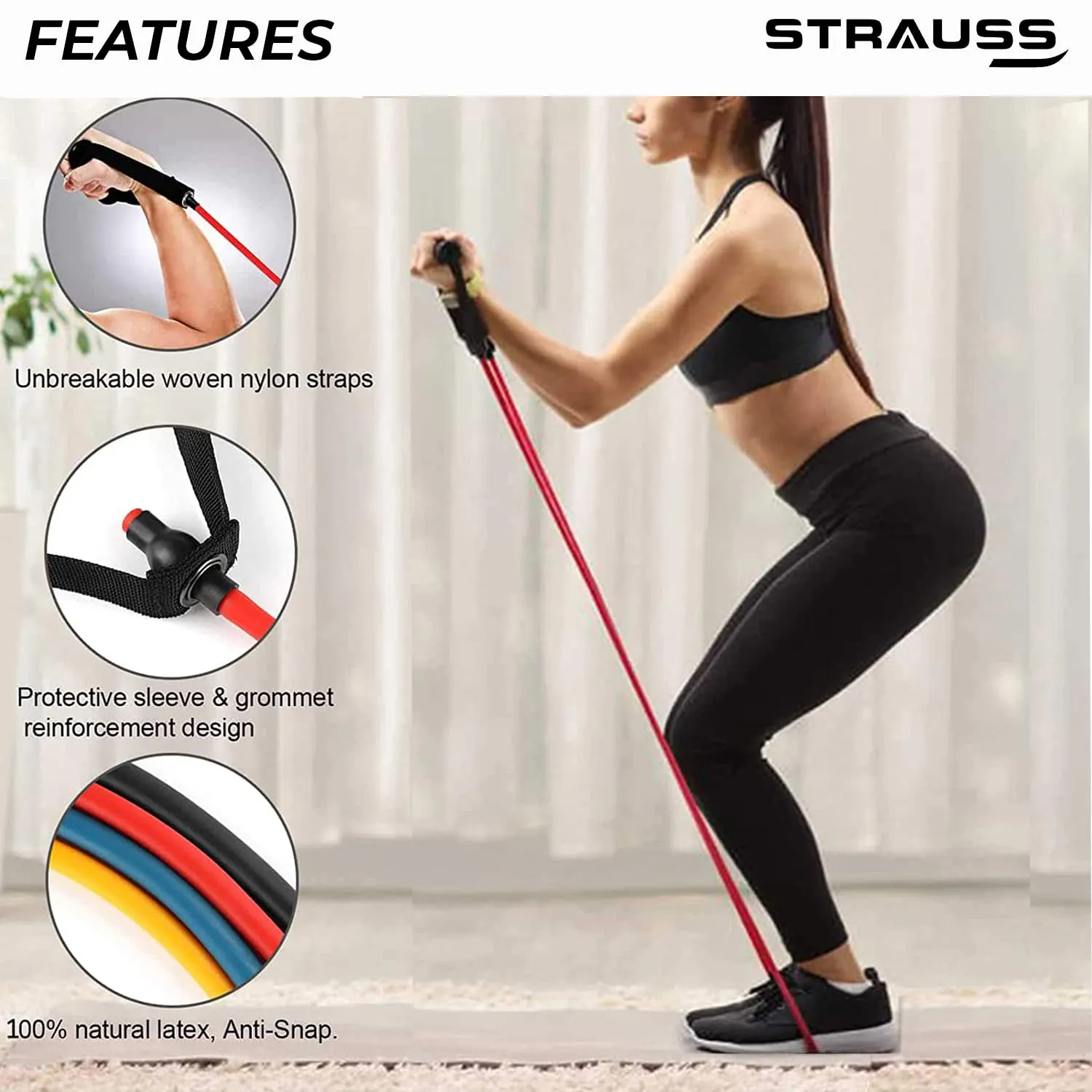 Strauss Triple Resistance Tube with Foam Handle | Door Anchor for Exercise & Stretching | Gym Equipment for Strength Training, Home Gym Workouts with Carry Bag | 27 Kg,(Red)