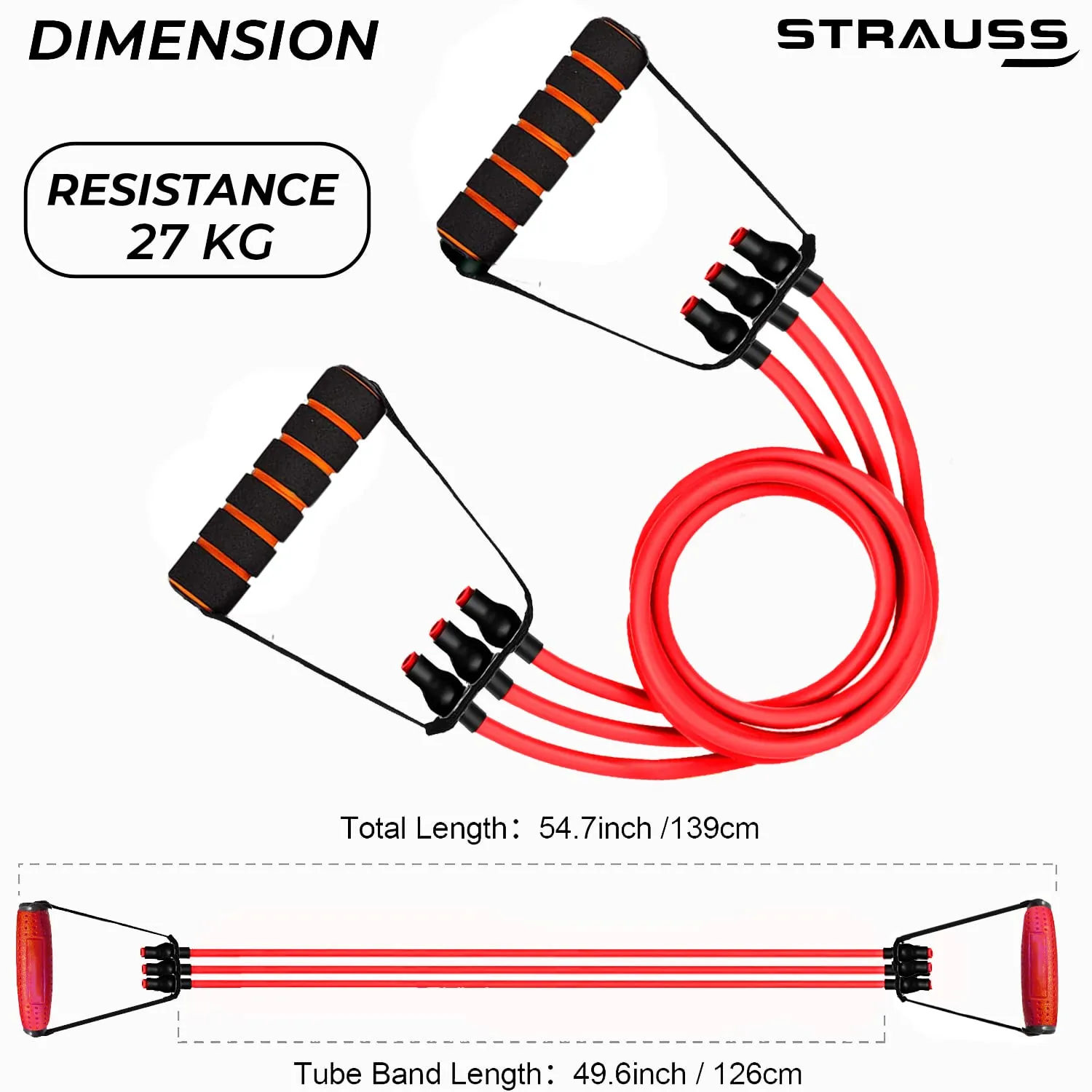 Strauss Triple Resistance Tube with Foam Handle | Door Anchor for Exercise & Stretching | Gym Equipment for Strength Training, Home Gym Workouts with Carry Bag | 27 Kg,(Red)