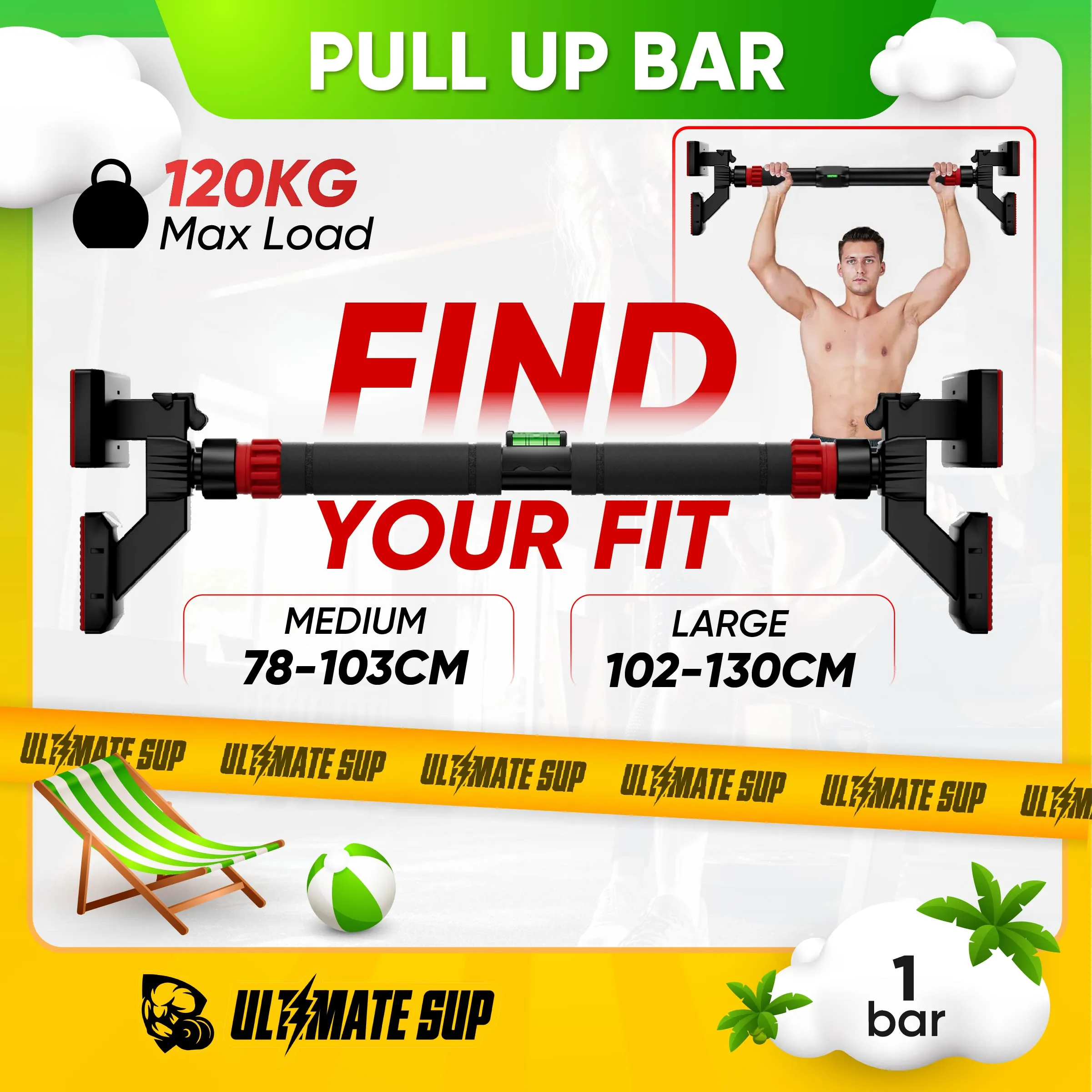 UltimateSup, Wall Mounted Pull Up Bars, 73-135 cm